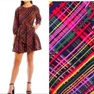 LDT Hunter Parachute Puff Sleeve Optional Tie Waist Plaid Ruffled Mini Dress 14